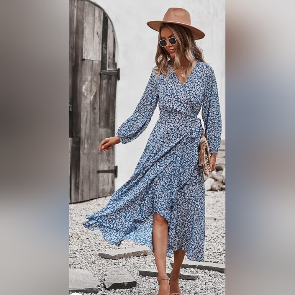 Long sleeve blue floral high low midi dress